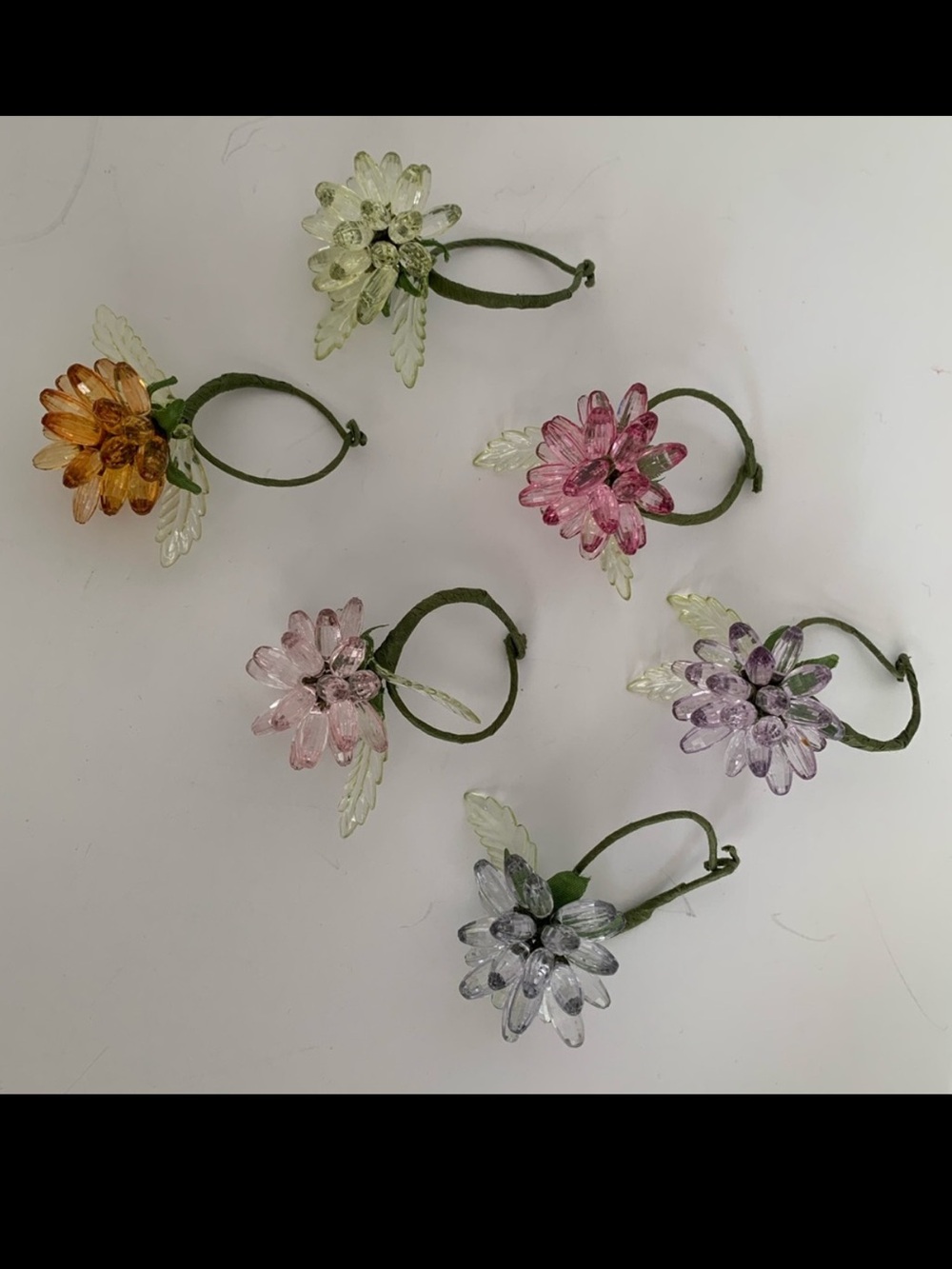 Wine Glass Charms Set of 6 Plastic Flower 3D Rings Pink Green Purple Orange